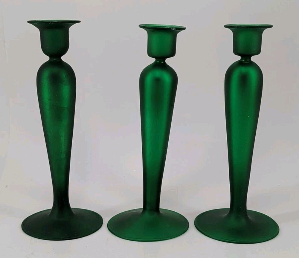 3 8" Blown Frosted Mercury Glass Dept 56 Flared Footed Candle Holders Green